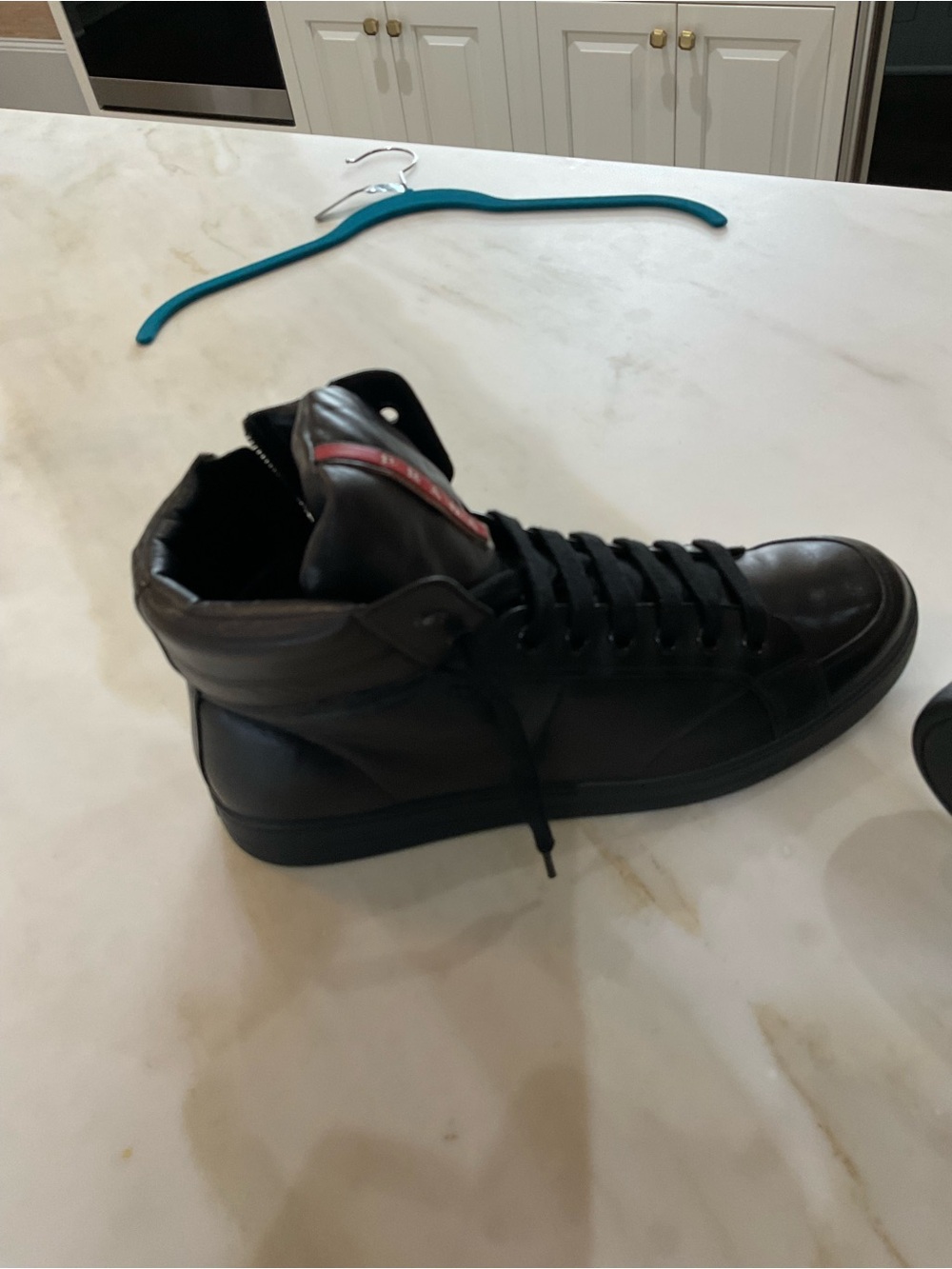 Prada Black High-Top Leather Sneakers with Red Logo Tape - Picture 4 of 8